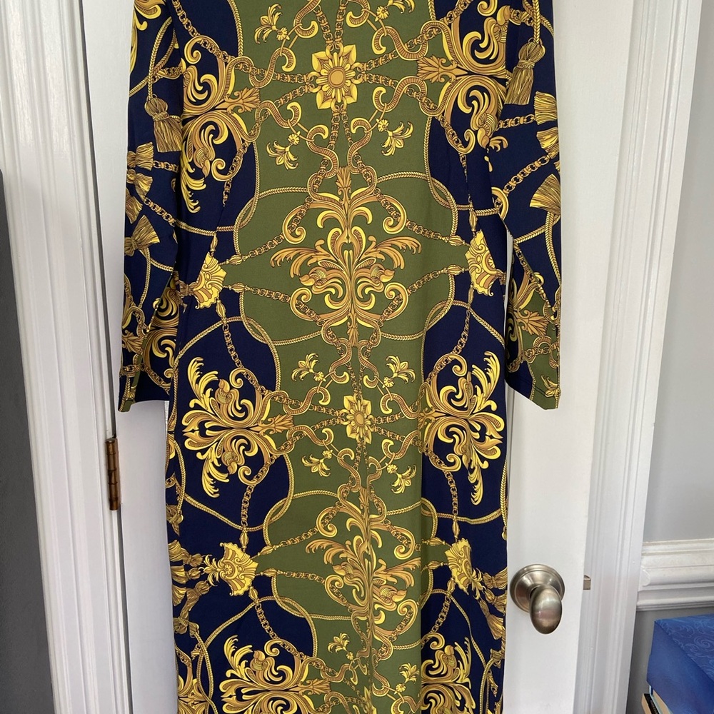J Mclaughlin Dress Medium Olive & Navy Long Sleeve Dress